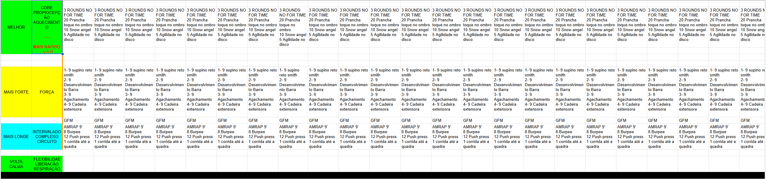 Google Sheets - Plano de Treino